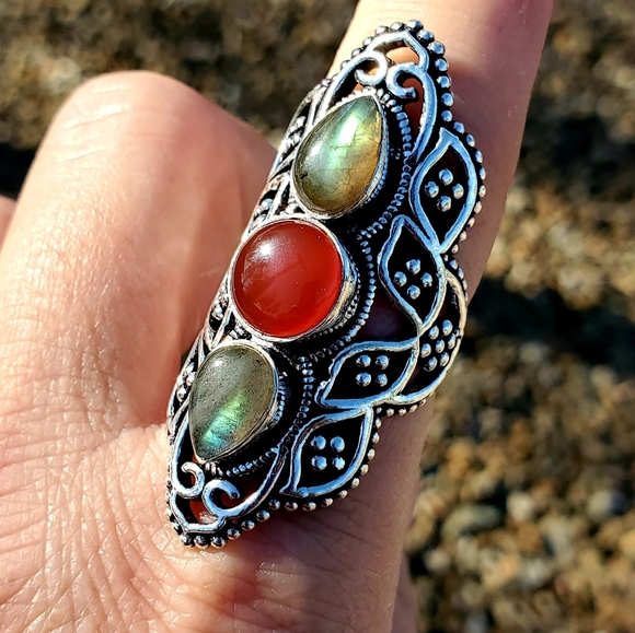 New Amazing Labradorite & Carnelian 925 Silver Ring. - Picture 11 of 12